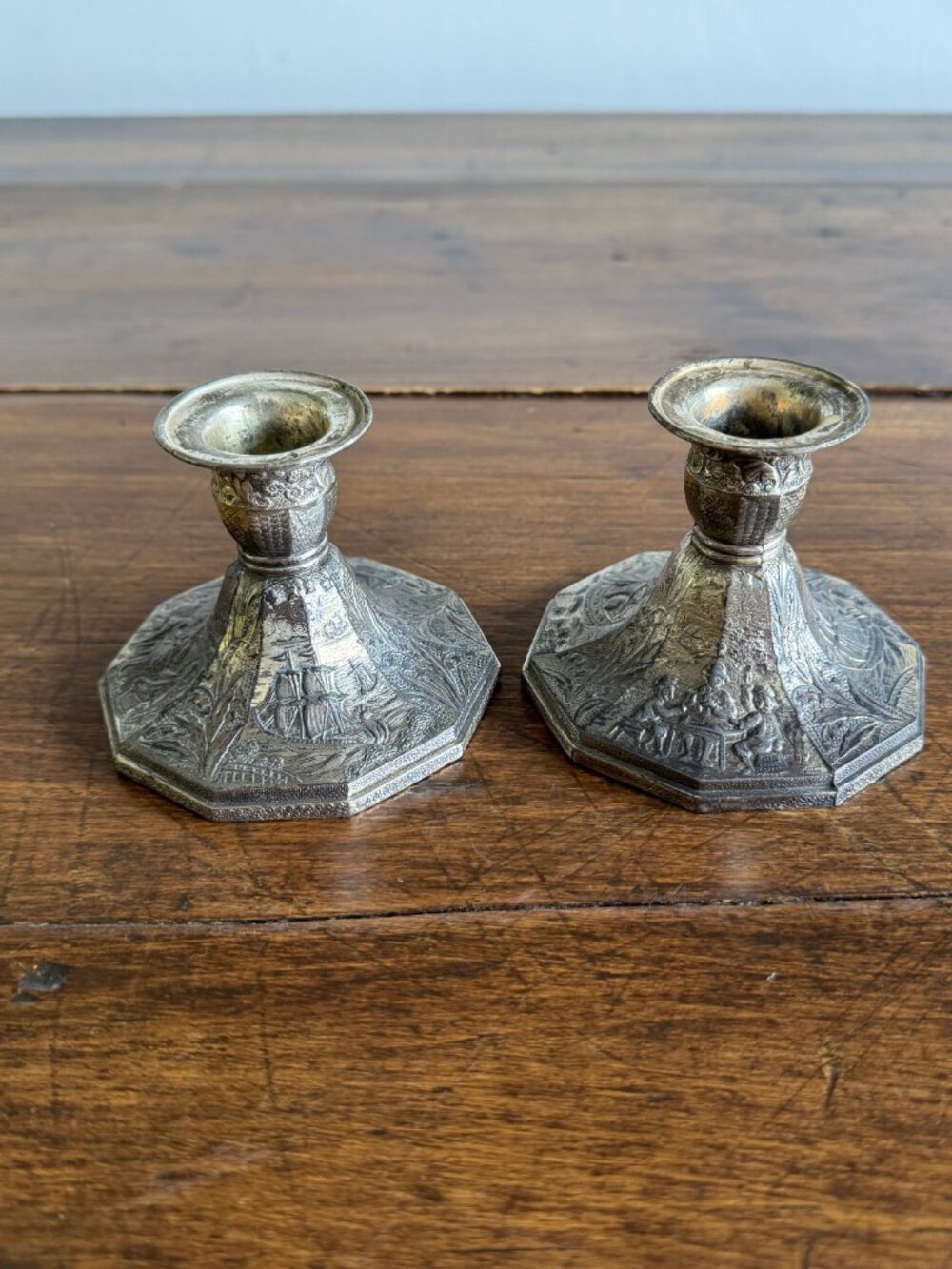 Pair of Etched Silver-Tone Repousse Candle Holders - Picture 5 of 14